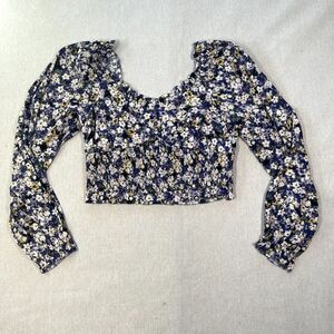 Elodie Blouse Women's Blue Floral Boho Peasant Crop Top Long Puff Slv Size L